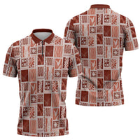 Vintage Aloha Block Quilt Zipper Polo Shirt Red Inspired Lei Motifs LT9 - Polynesian Pride