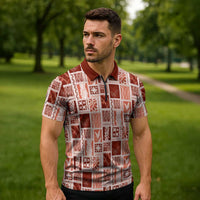Vintage Aloha Block Quilt Zipper Polo Shirt Red Inspired Lei Motifs LT9 - Polynesian Pride