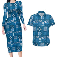 Vintage Hawaiian Quilting Patterns Couples Matching Long Sleeve Bodycon Dress and Hawaiian Shirt Blue Style Tribal Fabric Patchwork LT9 Blue - Polynesian Pride