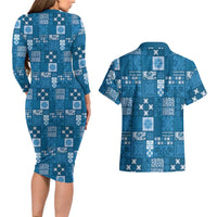 Vintage Hawaiian Quilting Patterns Couples Matching Long Sleeve Bodycon Dress and Hawaiian Shirt Blue Style Tribal Fabric Patchwork LT9 - Polynesian Pride