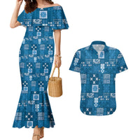 Vintage Hawaiian Quilting Patterns Couples Matching Mermaid Dress and Hawaiian Shirt Blue Style Tribal Fabric Patchwork LT9 Blue - Polynesian Pride