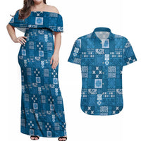 Vintage Hawaiian Quilting Patterns Couples Matching Off Shoulder Maxi Dress and Hawaiian Shirt Blue Style Tribal Fabric Patchwork - Polynesian Pride