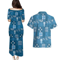Vintage Hawaiian Quilting Patterns Couples Matching Puletasi and Hawaiian Shirt Blue Style Tribal Fabric Patchwork LT9 - Polynesian Pride