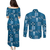 Vintage Hawaiian Quilting Patterns Couples Matching Puletasi and Long Sleeve Button Shirt Blue Style Tribal Fabric Patchwork LT9 - Polynesian Pride