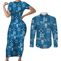 Vintage Hawaiian Quilting Patterns Couples Matching Short Sleeve Bodycon Dress and Long Sleeve Button Shirt Blue Style Tribal Fabric Patchwork LT9 Blue - Polynesian Pride