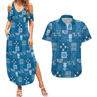 Vintage Hawaiian Quilting Patterns Couples Matching Summer Maxi Dress and Hawaiian Shirt Blue Style Tribal Fabric Patchwork LT9 Blue - Polynesian Pride
