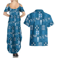 Vintage Hawaiian Quilting Patterns Couples Matching Summer Maxi Dress and Hawaiian Shirt Blue Style Tribal Fabric Patchwork LT9 - Polynesian Pride