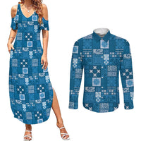 Vintage Hawaiian Quilting Patterns Couples Matching Summer Maxi Dress and Long Sleeve Button Shirt Blue Style Tribal Fabric Patchwork LT9 Blue - Polynesian Pride