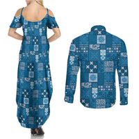 Vintage Hawaiian Quilting Patterns Couples Matching Summer Maxi Dress and Long Sleeve Button Shirt Blue Style Tribal Fabric Patchwork LT9 - Polynesian Pride