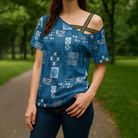 Vintage Hawaiian Quilting Patterns Cross Shoulder Shirt Blue Style Tribal Fabric Patchwork - Polynesian Pride