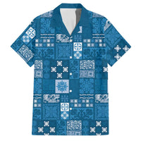 Vintage Hawaiian Quilting Patterns Family Matching Off The Shoulder Long Sleeve Dress and Hawaiian Shirt Blue Style Tribal Fabric Patchwork - Polynesian Pride