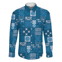 Vintage Hawaiian Quilting Patterns Family Matching Off The Shoulder Long Sleeve Dress and Hawaiian Shirt Blue Style Tribal Fabric Patchwork - Polynesian Pride