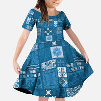 Vintage Hawaiian Quilting Patterns Family Matching Puletasi and Hawaiian Shirt Blue Style Tribal Fabric Patchwork LT9 Daughter's Dress Blue - Polynesian Pride