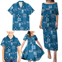 Vintage Hawaiian Quilting Patterns Family Matching Puletasi and Hawaiian Shirt Blue Style Tribal Fabric Patchwork LT9 - Polynesian Pride