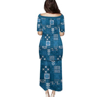 Vintage Hawaiian Quilting Patterns Family Matching Puletasi and Hawaiian Shirt Blue Style Tribal Fabric Patchwork - Polynesian Pride