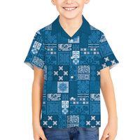 Vintage Hawaiian Quilting Patterns Family Matching Puletasi and Hawaiian Shirt Blue Style Tribal Fabric Patchwork LT9 Son's Shirt Blue - Polynesian Pride