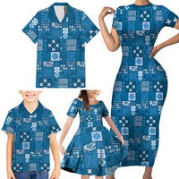 Vintage Hawaiian Quilting Patterns Family Matching Short Sleeve Bodycon Dress and Hawaiian Shirt Blue Style Tribal Fabric Patchwork - Polynesian Pride