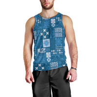 Vintage Hawaiian Quilting Patterns Men Tank Top Blue Style Tribal Fabric Patchwork - Polynesian Pride