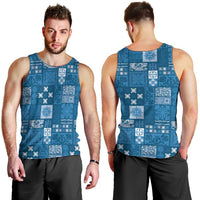 Vintage Hawaiian Quilting Patterns Men Tank Top Blue Style Tribal Fabric Patchwork - Polynesian Pride