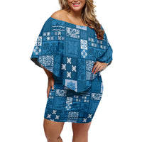Vintage Hawaiian Quilting Patterns Off Shoulder Short Dress Blue Style Tribal Fabric Patchwork - Polynesian Pride