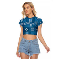 Vintage Hawaiian Quilting Patterns Raglan Cropped T Shirt Blue Style Tribal Fabric Patchwork LT9 Female Blue - Polynesian Pride