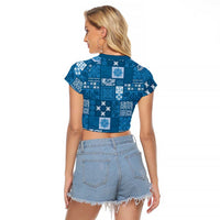 Vintage Hawaiian Quilting Patterns Raglan Cropped T Shirt Blue Style Tribal Fabric Patchwork LT9 - Polynesian Pride