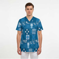 Vintage Hawaiian Quilting Patterns Scrub Top Blue Style Tribal Fabric Patchwork - Polynesian Pride