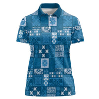 Vintage Hawaiian Quilting Patterns Women Polo Shirt Blue Style Tribal Fabric Patchwork - Polynesian Pride