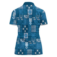 Vintage Hawaiian Quilting Patterns Women Polo Shirt Blue Style Tribal Fabric Patchwork LT9 - Polynesian Pride