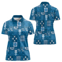 Vintage Hawaiian Quilting Patterns Women Polo Shirt Blue Style Tribal Fabric Patchwork LT9 - Polynesian Pride