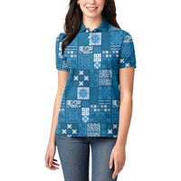 Vintage Hawaiian Quilting Patterns Women Polo Shirt Blue Style Tribal Fabric Patchwork LT9 - Polynesian Pride