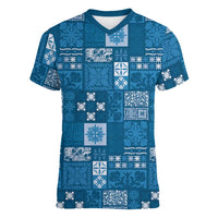 Vintage Hawaiian Quilting Patterns Women V-Neck T-Shirt Blue Style Tribal Fabric Patchwork LT9 Female Blue - Polynesian Pride