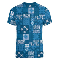 Vintage Hawaiian Quilting Patterns Women V-Neck T-Shirt Blue Style Tribal Fabric Patchwork LT9 - Polynesian Pride