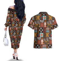 Vintage Hawaiian Quilting Patterns Couples Matching Off The Shoulder Long Sleeve Dress and Hawaiian Shirt Brown Style Tribal Fabric Patchwork LT9 - Polynesian Pride