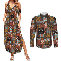 Vintage Hawaiian Quilting Patterns Couples Matching Summer Maxi Dress and Long Sleeve Button Shirt Brown Style Tribal Fabric Patchwork LT9 Brown - Polynesian Pride