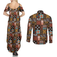 Vintage Hawaiian Quilting Patterns Couples Matching Summer Maxi Dress and Long Sleeve Button Shirt Brown Style Tribal Fabric Patchwork LT9 - Polynesian Pride