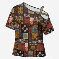 Vintage Hawaiian Quilting Patterns Cross Shoulder Shirt Brown Style Tribal Fabric Patchwork - Polynesian Pride