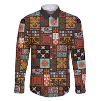 Vintage Hawaiian Quilting Patterns Family Matching Off Shoulder Maxi Dress and Hawaiian Shirt Brown Style Tribal Fabric Patchwork - Polynesian Pride