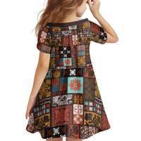 Vintage Hawaiian Quilting Patterns Family Matching Off Shoulder Short Dress and Hawaiian Shirt Brown Style Tribal Fabric Patchwork - Polynesian Pride