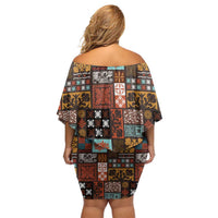 Vintage Hawaiian Quilting Patterns Family Matching Off Shoulder Short Dress and Hawaiian Shirt Brown Style Tribal Fabric Patchwork - Polynesian Pride