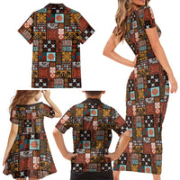 Vintage Hawaiian Quilting Patterns Family Matching Short Sleeve Bodycon Dress and Hawaiian Shirt Brown Style Tribal Fabric Patchwork - Polynesian Pride