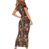 Vintage Hawaiian Quilting Patterns Family Matching Short Sleeve Bodycon Dress and Hawaiian Shirt Brown Style Tribal Fabric Patchwork - Polynesian Pride