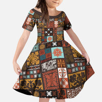 Vintage Hawaiian Quilting Patterns Kid Short Sleeve Dress Brown Style Tribal Fabric Patchwork LT9 KID Brown - Polynesian Pride