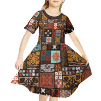 Vintage Hawaiian Quilting Patterns Kid Short Sleeve Dress Brown Style Tribal Fabric Patchwork LT9 - Polynesian Pride