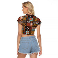 Vintage Hawaiian Quilting Patterns Raglan Cropped T Shirt Brown Style Tribal Fabric Patchwork LT9 - Polynesian Pride