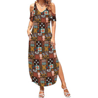 Vintage Hawaiian Quilting Patterns Summer Maxi Dress Brown Style Tribal Fabric Patchwork LT9 Women Brown - Polynesian Pride