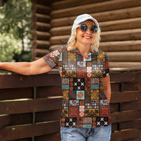 Vintage Hawaiian Quilting Patterns Women Polo Shirt Brown Style Tribal Fabric Patchwork LT9 - Polynesian Pride