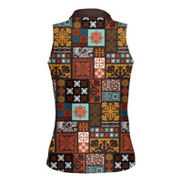 Vintage Hawaiian Quilting Patterns Women Sleeveless Polo Shirt Brown Style Tribal Fabric Patchwork - Polynesian Pride