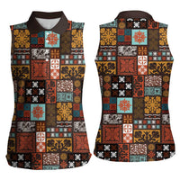Vintage Hawaiian Quilting Patterns Women Sleeveless Polo Shirt Brown Style Tribal Fabric Patchwork - Polynesian Pride