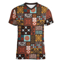 Vintage Hawaiian Quilting Patterns Women V-Neck T-Shirt Brown Style Tribal Fabric Patchwork LT9 Female Brown - Polynesian Pride